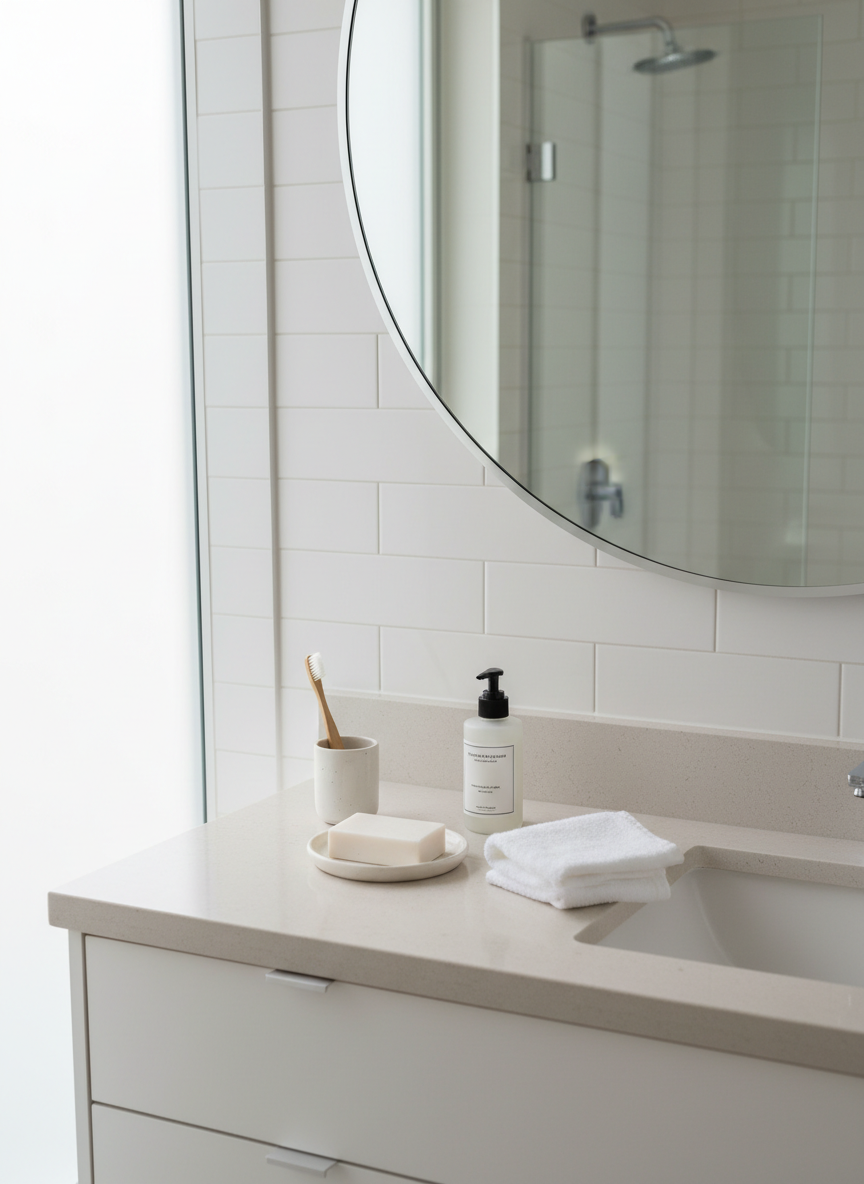 A spotless white bathroom vanity with a simple, organized layout featuring a soft-bristled toothbrush, unscented bar soap, a pump bottle of plain moisturizer, and a neatly folded hand towel, all arranged on a smooth light-colored countertop. A round, frameless mirror reflects a minimalist tiled wall and a faint outline of a shower. Diffused daylight filters in from a frosted window, casting calm, even illumination with almost no harsh shadows. Shot from a slightly elevated angle with everything in sharp focus, the image conveys daily preventive care, hygiene, and routine wellness habits in a professional, photographic realism style with a serene, uncluttered atmosphere.