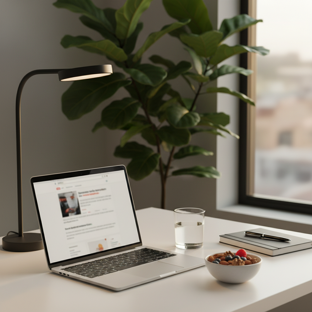A modern home office desk with an open laptop displaying a blurred, non-readable health article layout, next to a closed notebook, a glass of water, and a small bowl of mixed nuts and berries. A simple desk lamp with a matte finish stands to one side, while a large indoor plant with glossy green leaves softens the background. Natural afternoon light enters from a side window, combining with the warm lamp glow to create a balanced, comfortable brightness. Captured from a three-quarter elevated view with shallow depth of field, the composition emphasizes evidence-informed health education, self-directed learning, and healthy work habits in a clean, photographic style that feels professional yet approachable.