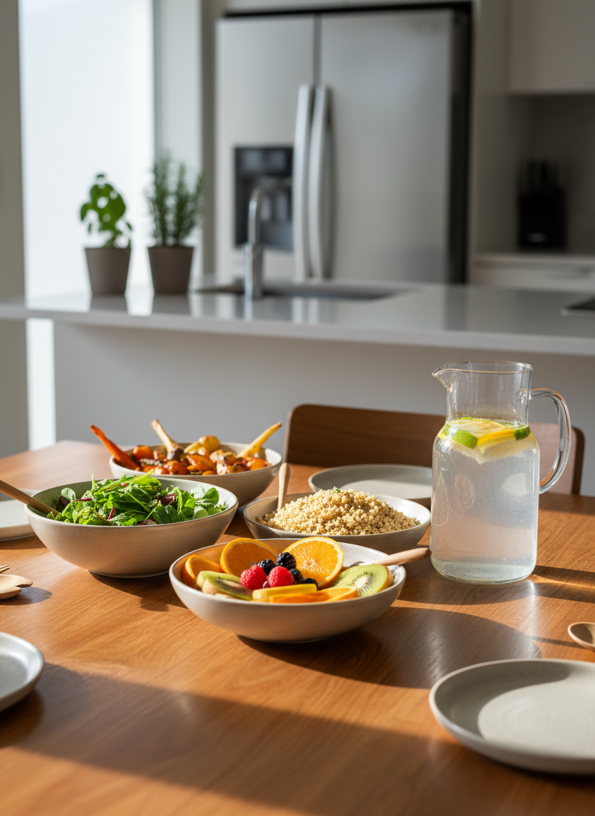A neatly arranged wooden dining table showcasing a colorful, balanced family-style meal, with ceramic bowls of leafy green salads, roasted vegetables, whole grains, and sliced fruit, alongside a clear glass pitcher of water with floating citrus slices. The table sits in a bright, modern kitchen with light countertops, a few potted herbs, and a softly blurred refrigerator in the background. Mid-morning natural light pours through an unseen window, creating gentle highlights on the fresh produce and subtle shadows on the wood grain. Photographed at an eye-level angle with a moderate depth of field, the composition feels calm, welcoming, and evidence-informed, emphasizing wholesome nutrition and preventive wellness in a clean, photographic realist style.